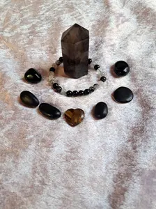 Grounding & Protection 9-Pc Energy Set - Smoky Quartz Tower Tourmaline Tiger's Eye Obsidian Shungite Crystals Gemstones Tumbles Bracelet Set