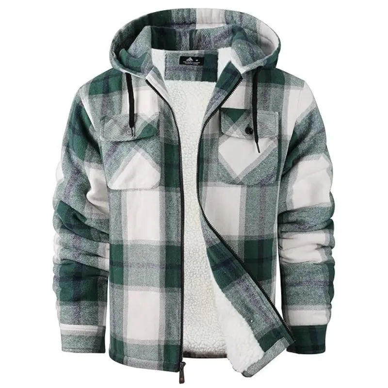 ZITY Men's Thick Plaid Fleece Lined Hooded Coat Winter Warm Shearling Full Zip Jacket with Sherpa Lining for Chilly Days Menswear Blue Navy Checkered Long Sleeve Casual Top Winter Outfits Men