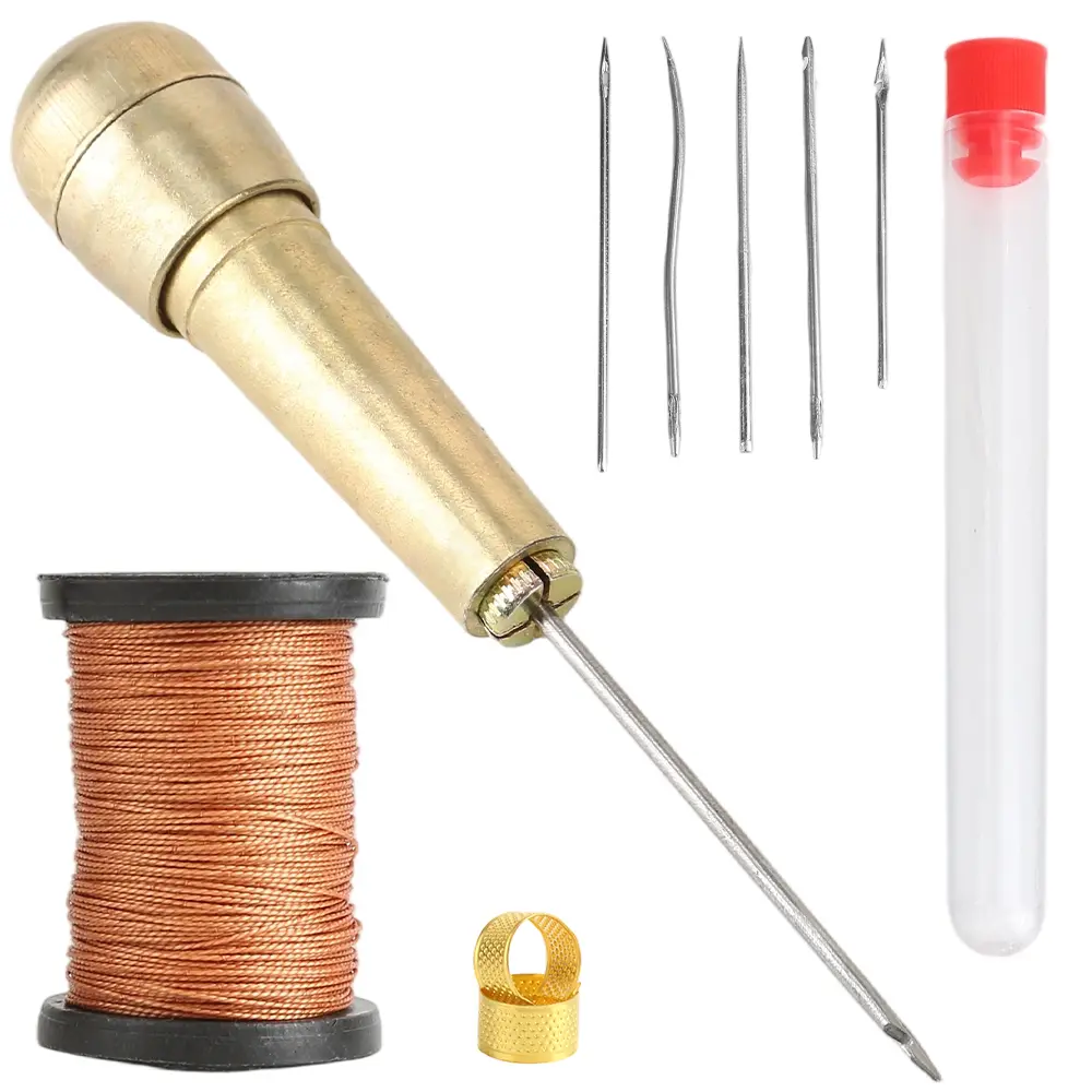 6 Packs Leather Sewing Awl Needle with Copper Handle, Upholstery Repair Kit 50 M Nylon Cord Thread and 2 Pieces Thimble for Handmade Leather Sewing Tools Shoes and Repair