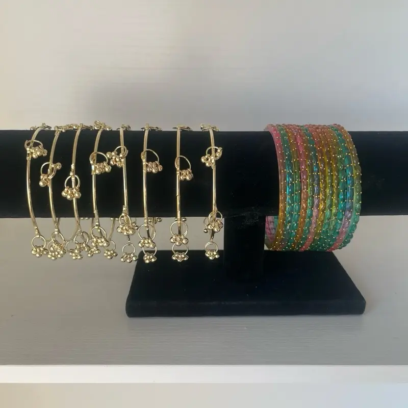 Vibrant Style Set: 12 Kashmiri Glass Bangles & 4 Gold-Tone Accent Pieces