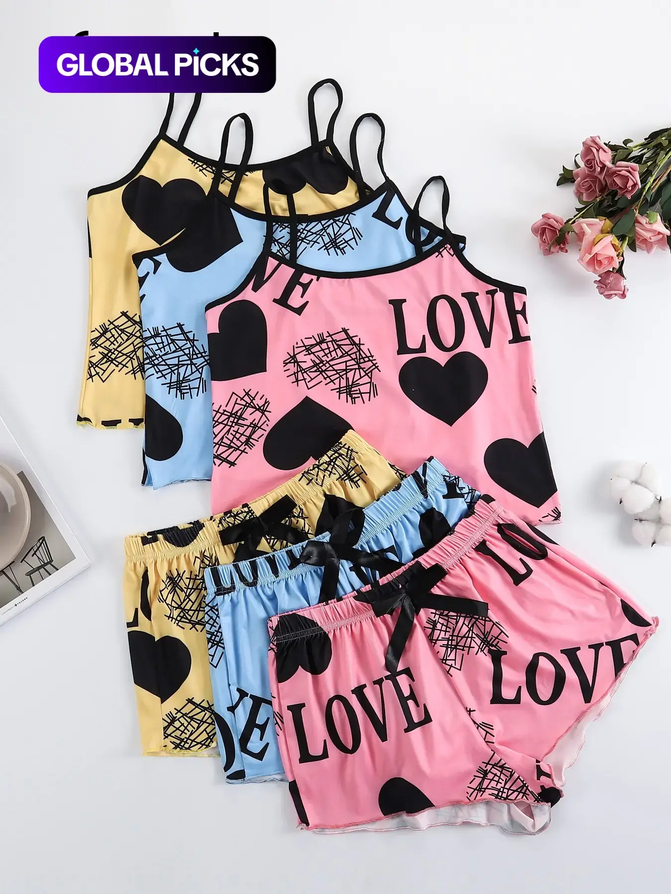 2 Pieces/ 6 Pieces  Women's Heart & Letter Print Lettuce Trim Fitted Pyjama Set, Cute Casual Sleeveless Spaghetti Strap Cami Top & Bow Decor Shorts, Summer Sleepwear  Loungewear  Set for Women