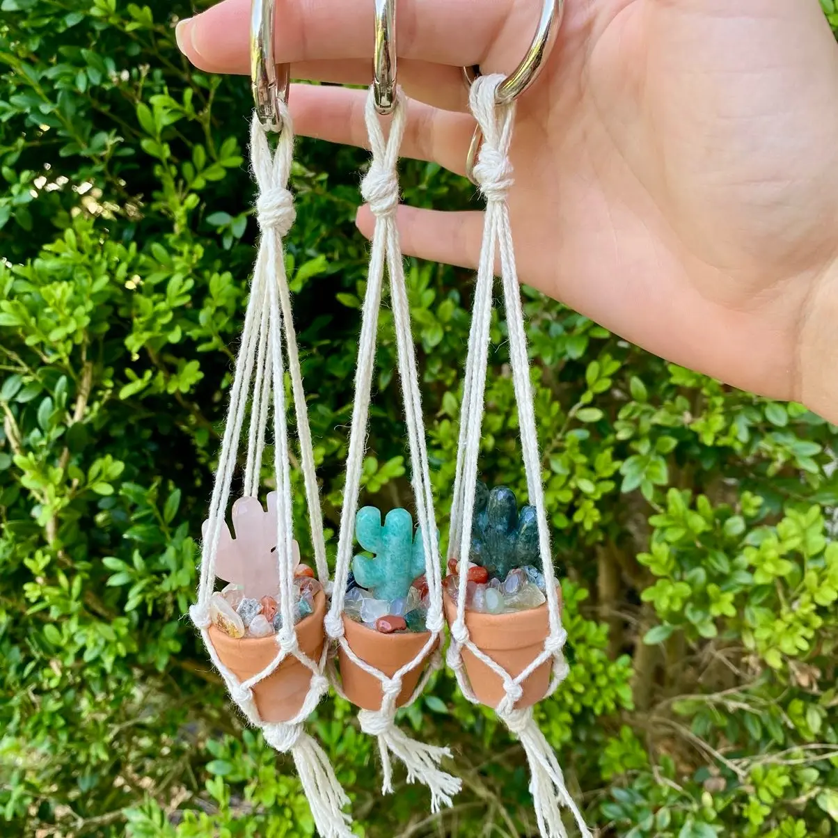 Macrame Crystal Cactus Rear View Car Hanger| Hand Made| Crystals