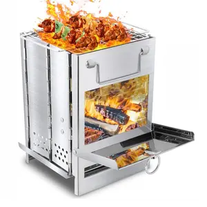 Square Stainless Steel Foldable Fire Pit Grill, Portable Charcoal Campfire BBQ Stand, Silver Color Outdoor Camping Picnic Bonfire Use