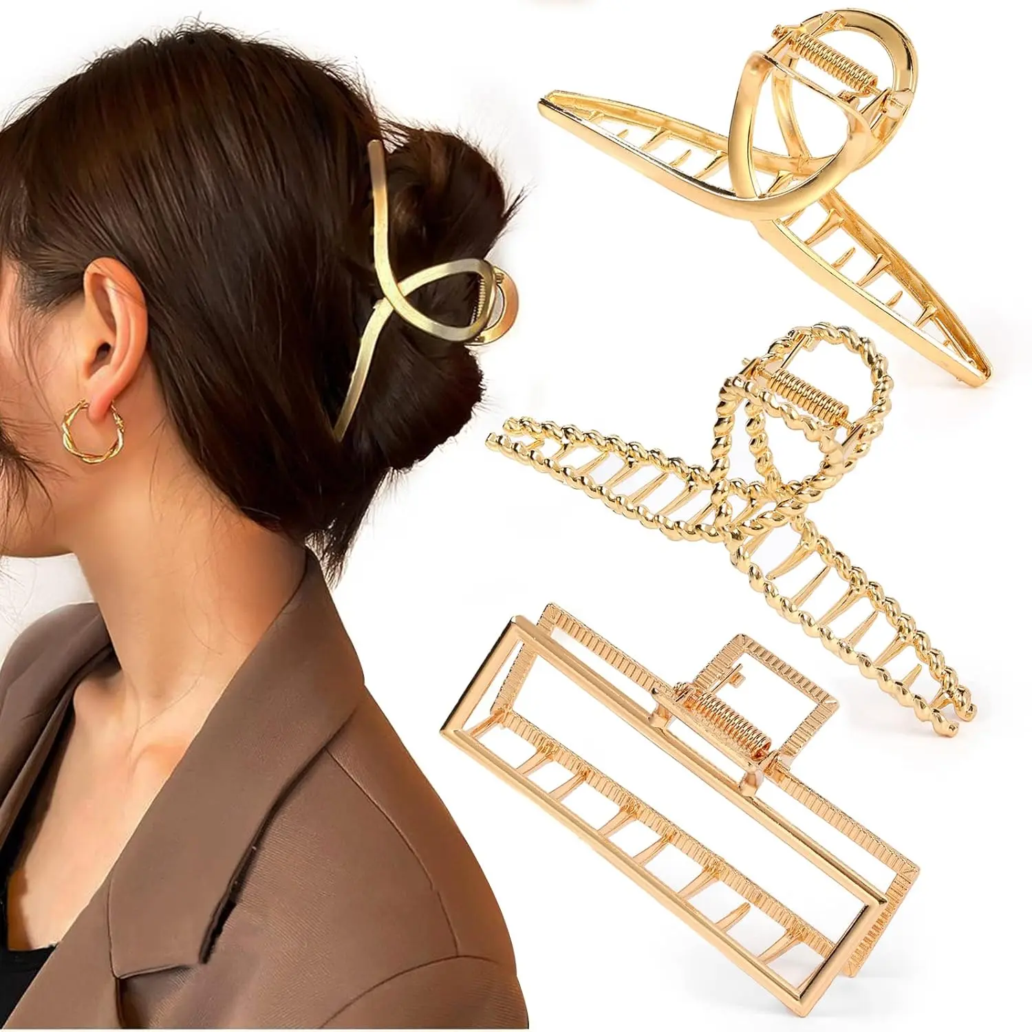 EyeconicFinds 3 PCS Metal Large Claw Clips for Thick Heavy Hair, Strong Hold Big Non-Slip Hair Catch Barrette Jaw Clamp for Long Hair, Fashion Styling Accessories for Women Girls