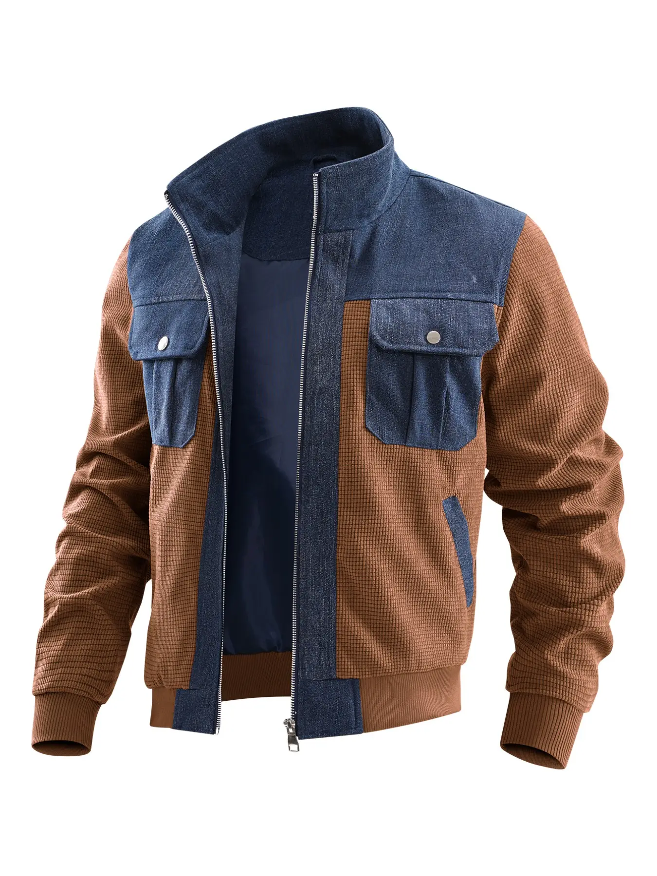 Men's Colorblock Patchwork Jacket, Spring & Fall Fitted Long Sleeve Street Style, Vintage Casual Outerwear with Pockets