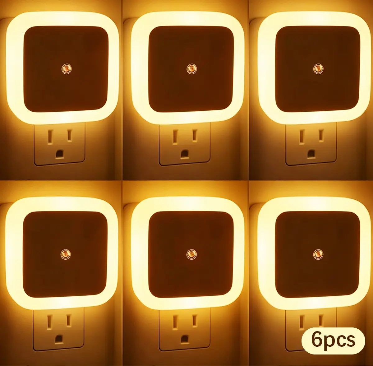 [summervibes]Square Light-Controlled Night Light, Dusk to Dawn LED Night Lamp Sensor Smart Nightlight Space-Saving Non-Blocking Outlet 3000K Warm White Glow for Hallway Bathroom Bedroom Stairs Kitchen (6) cute