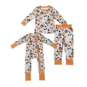 Adorable Halloween Farm Tractor Onesie for Boys - Orange & Gray Zip-Up Long Sleeve Pajama Set | Cute Toddler Halloween PJs | Cozy Farm-Themed Sleepwear | Perfect for Trick-or-Treating & Bedtime Costume