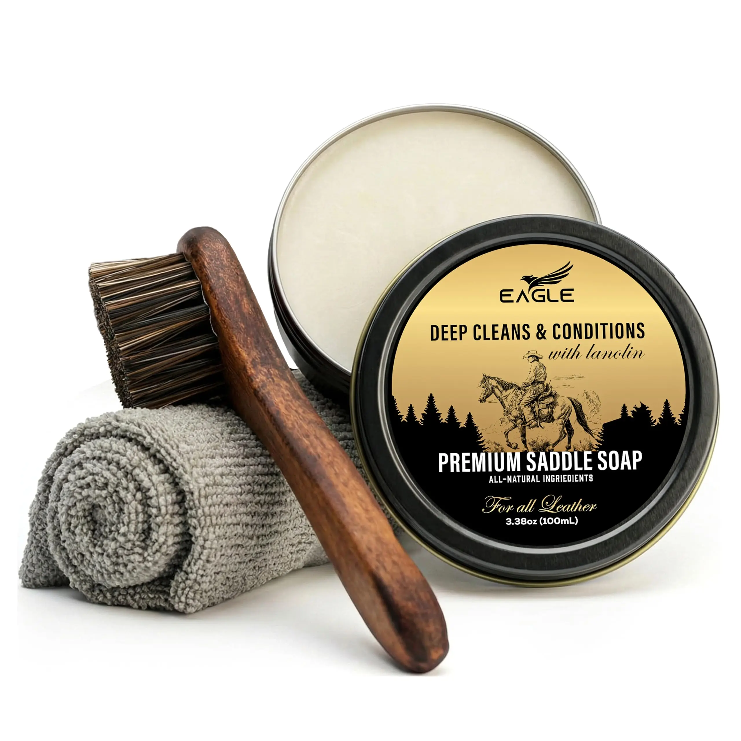 Eagle Saddle Soap for Leather – 3-Piece Saddle Soap Kit for Leather Cleaning, Boots, Tack, and Saddles – Includes Applicator and Cloth – Leather Soap and Conditioner for Leather Boots and Tack Care