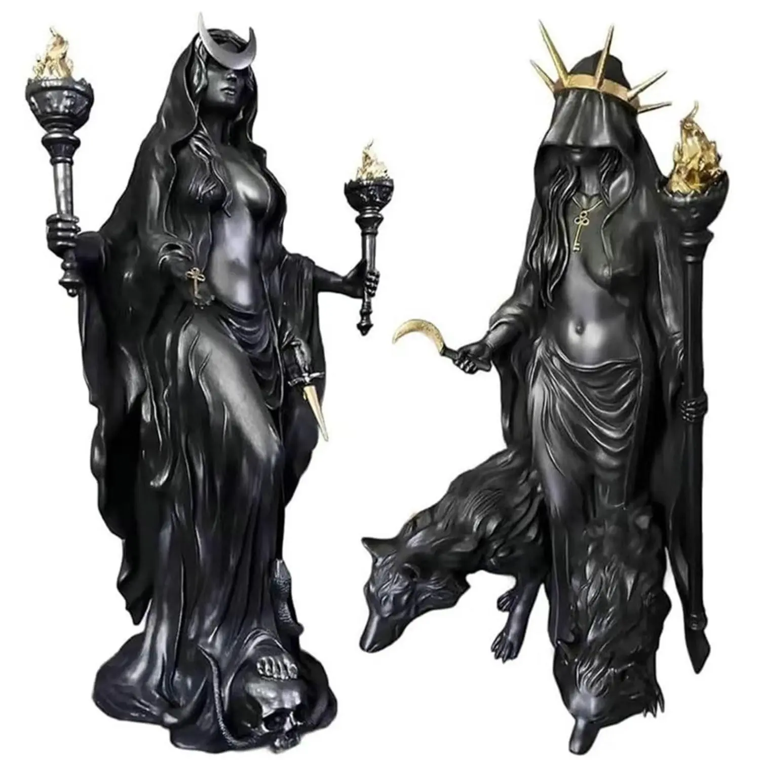 Gothic Hecate statue Figurine, the dark goddess holding a torch, 6.30-inch power supply required, desktop decoration, Figurines Decor, Resin Figure, mysterious altar, Decorative Sculptures, resin sculpture home decoration