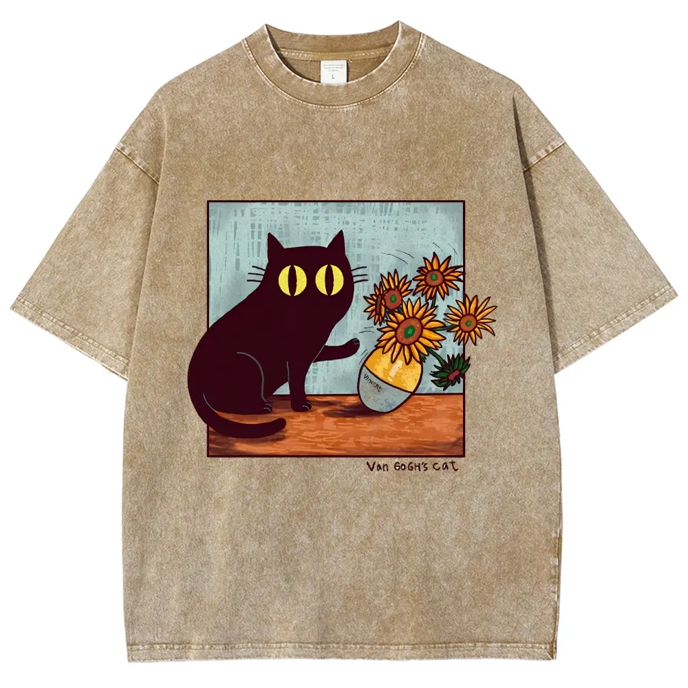 valentine shirts Cartoon Kitten Chrysanthemum Vase Print T-Shirt Round Neck Washed Shoulder Designer 2026 New Trendy Fashion Short Sleeves