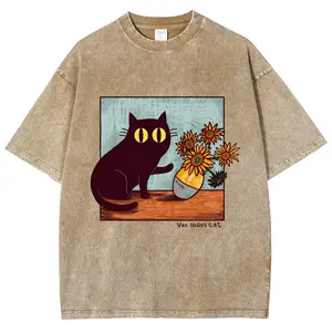 valentine shirts Cartoon Kitten Chrysanthemum Vase Print T-Shirt Round Neck Washed Shoulder Designer 2026 New Trendy Fashion Short Sleeves