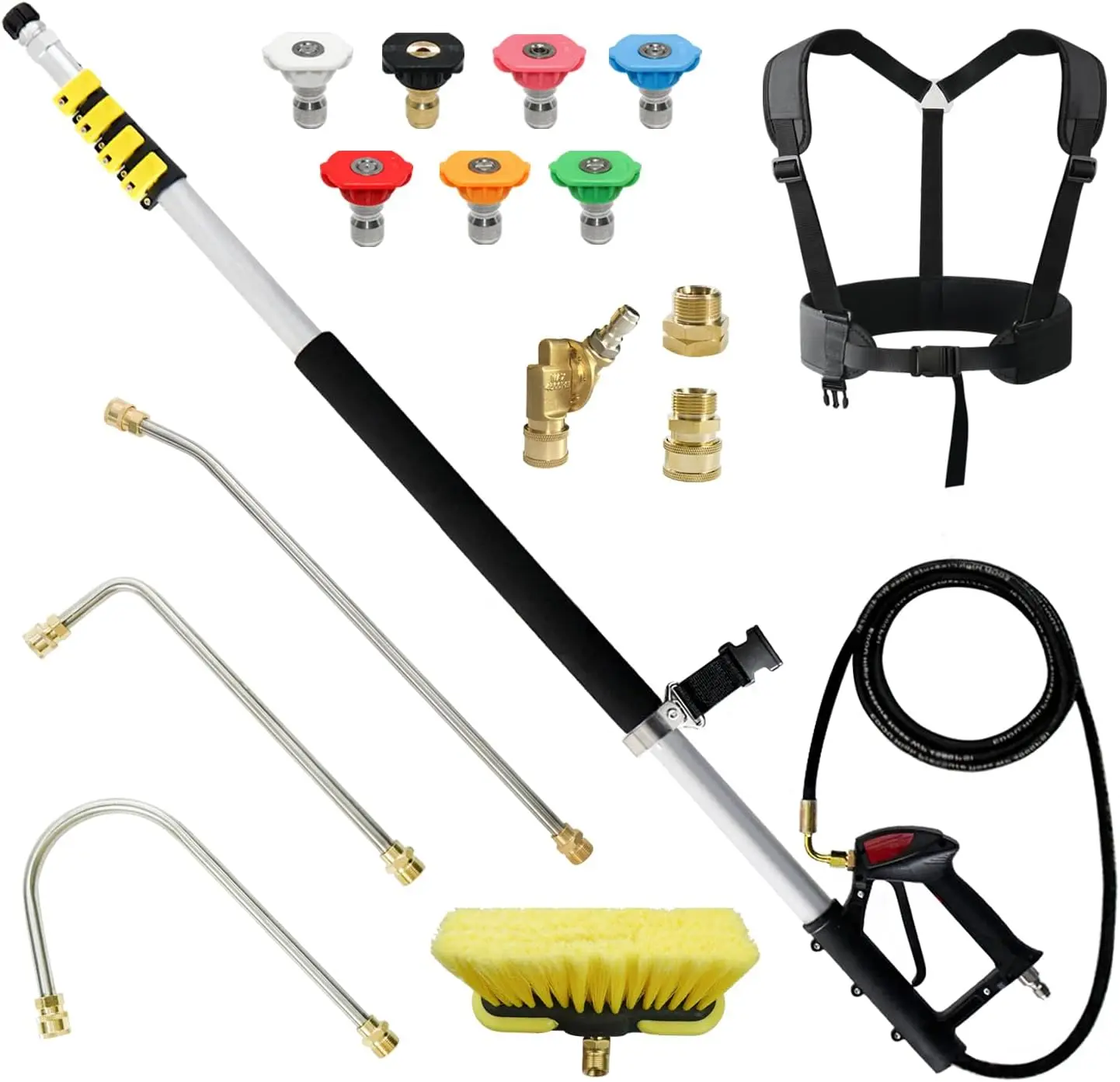 24 FT,  Telescoping  Washer Wand with 2  Washer Extension Wands,Gutter Cleaner Attachment, 7 Spray Nozzle Tips, 2 Hose Inlet Adapters, Pivoting Coupler and Support Harness