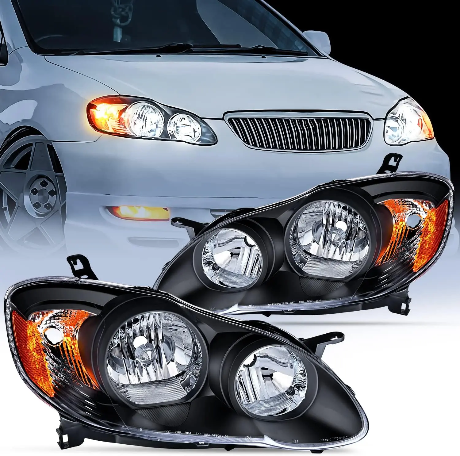 Nilight Bright Headlight Front Light Assembly for 2003-2008 Toyota Corolla - Black Housing, Amber Reflector, Adjustable, Waterproof, Reflective, Temperature-Resistant, Driver & Passenger Side Replacement Car Lamps, Wide Illumination, Pair Set