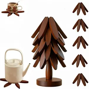 8 Tree Wooden Trivets & 1 Stand Heat-Multipurpose Resistant Foldable Design - Durable High-Quality Solid Wood for Hot Dishes, Pots, Bowls, Teapots coffee cups  tumbler.Kitchenware Tableware Coasters kitchen  essentials items