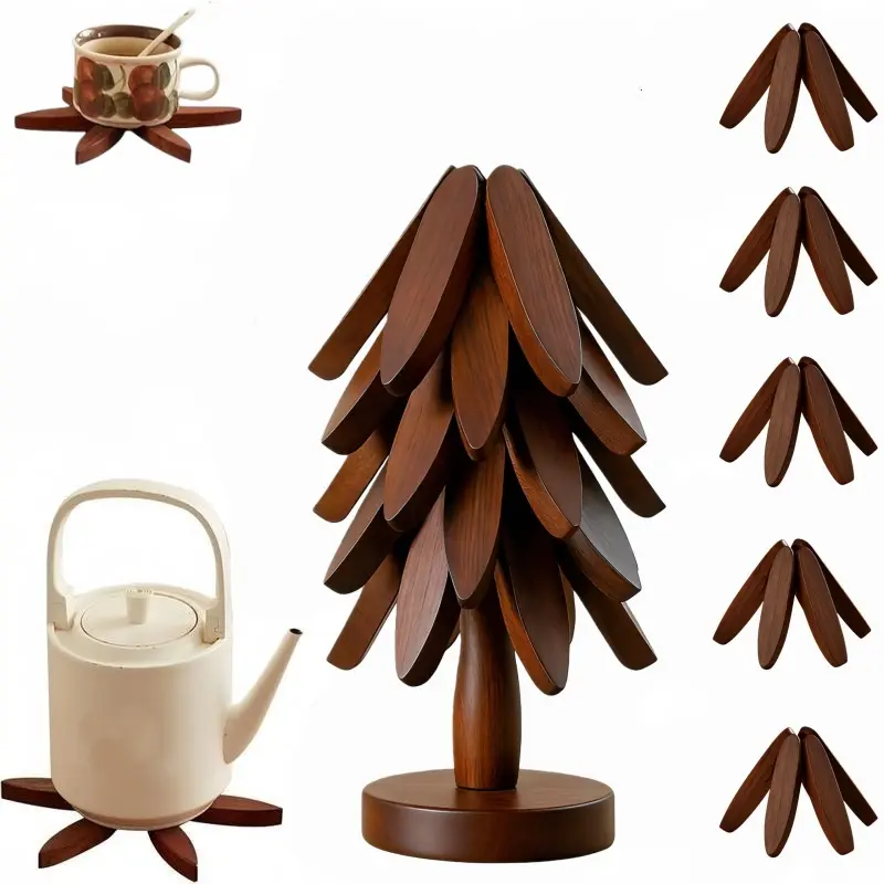 8-Piece Wooden Tableware Set with 5 Trivets +1 Stand【durable and beautiful】, Heat-Resistant Foldable Decorative Coasters for Hot Dishes, Coffee, Easter Kitchen Essentials