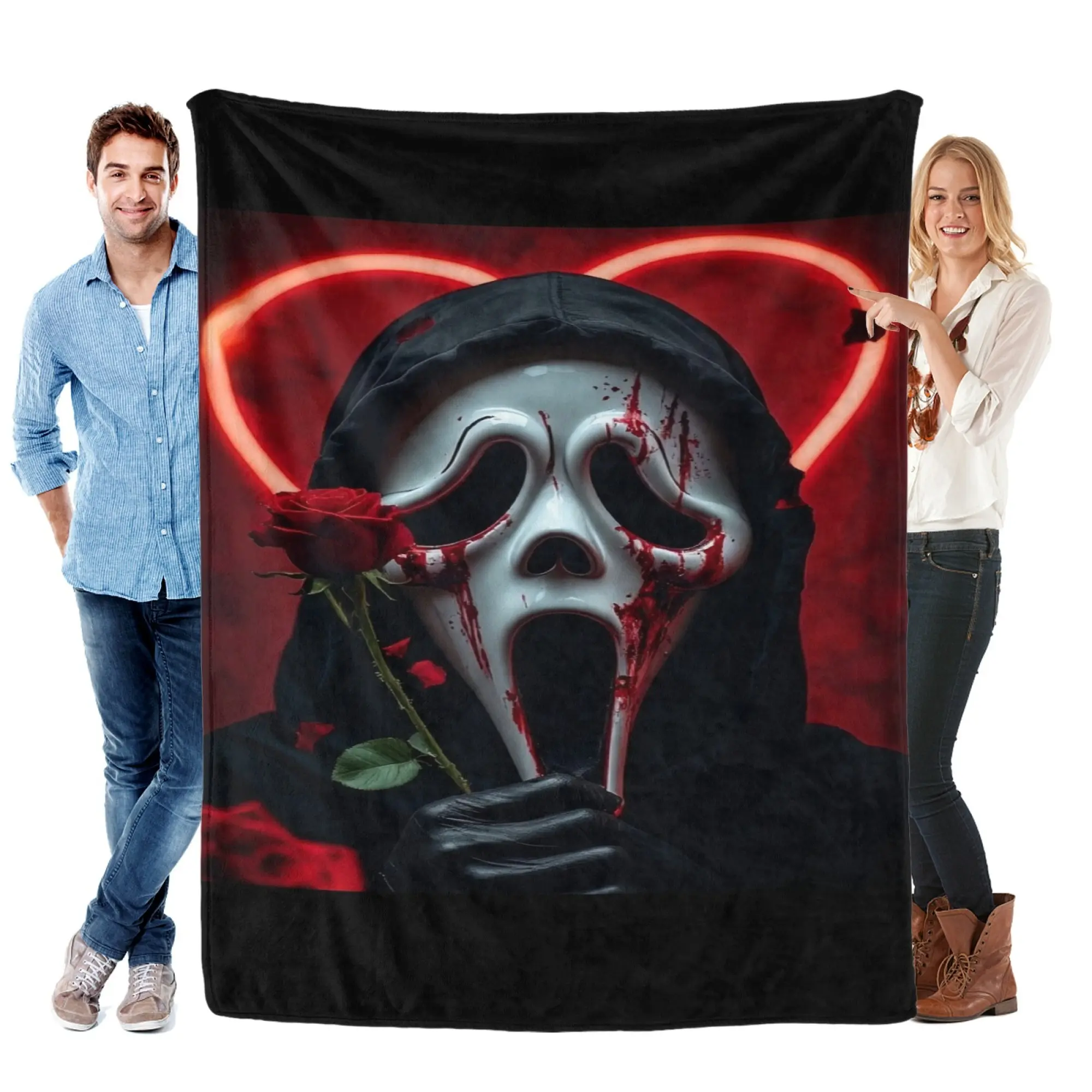 Scream Horror Throw Blanket, Ghost Face Killer Mask Design Soft Fleece Blanket, Black Red Scary Movie Theme Cozy Warm Plush Blanket For Bed Sofa Couch Bedroom Decor, Perfect Halloween Gift For Horror Fans