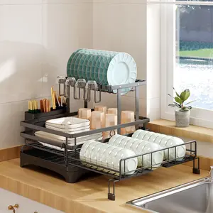 Multifunctional Dish Shelf Foldable Over Sink Dish Drying Rack, Pull-Out 2-Tier Dish Drainer with Utensil Holder, Space Saving Kitchen Organizer for Small Kitchens, Kitchenware Storage Water Filter Rack Retractable Drain Rack Knife Fork Chopstick Rack