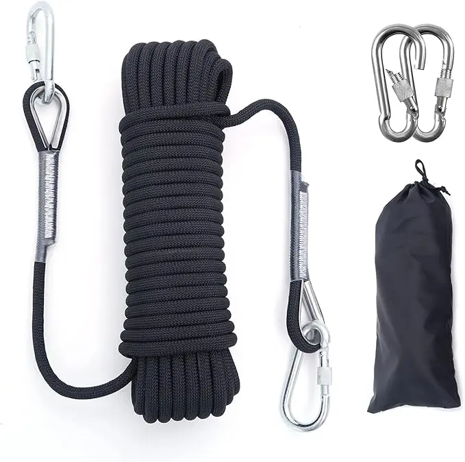 Heavy-Duty 12mm Polyester Rope with Carabiner - All-Weather Braided Safety Line, 5100 lbs Capacity, 32.0ft-65ft Lengths, All-Weather Durability for Fishing, Climbing Gear, Boating Needs