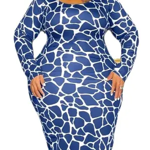 Chic Plus Size Giraffe Print Maxi Long Sleeve Dress, Casual Womenswear