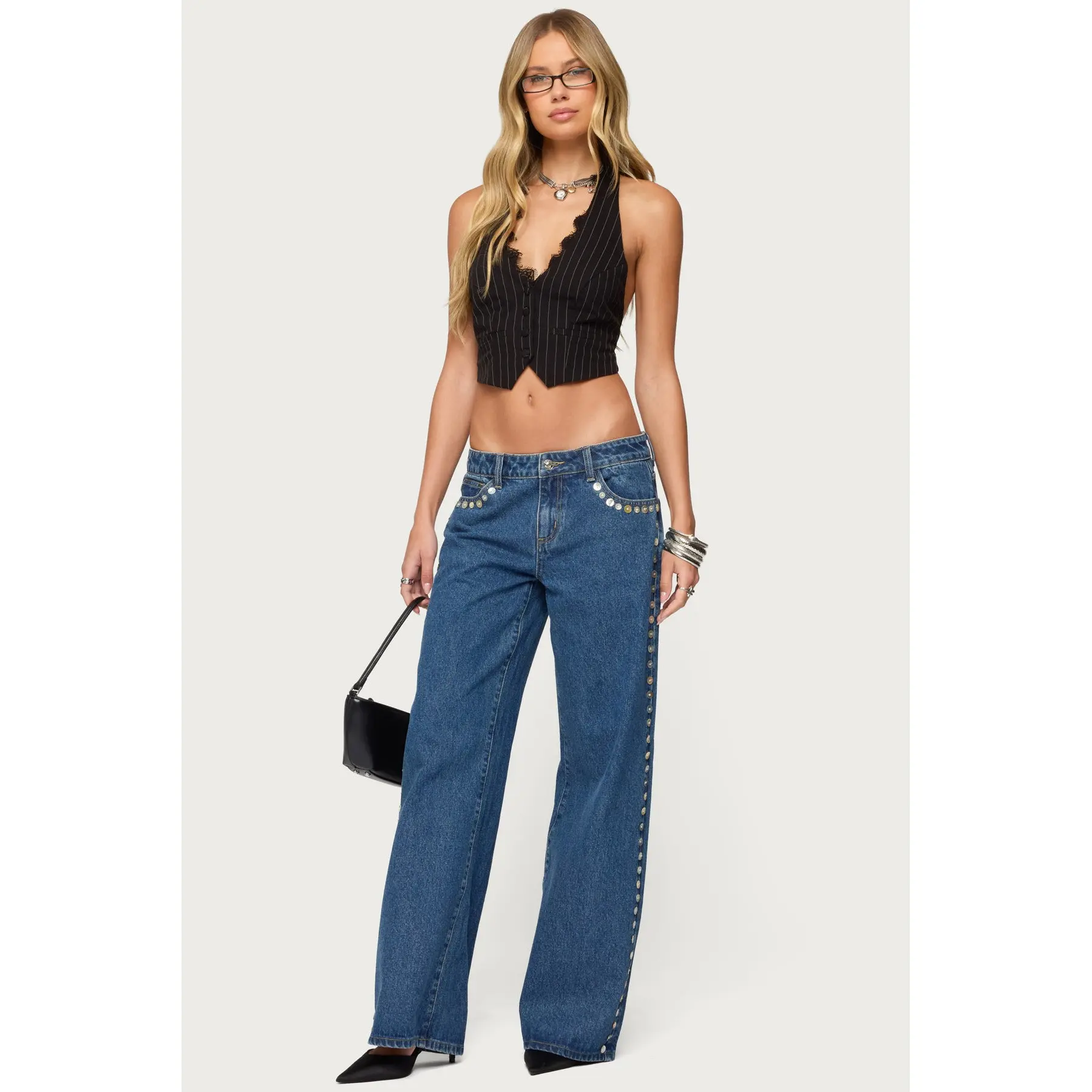 Iridescent Button Low Rise Baggy Jeans