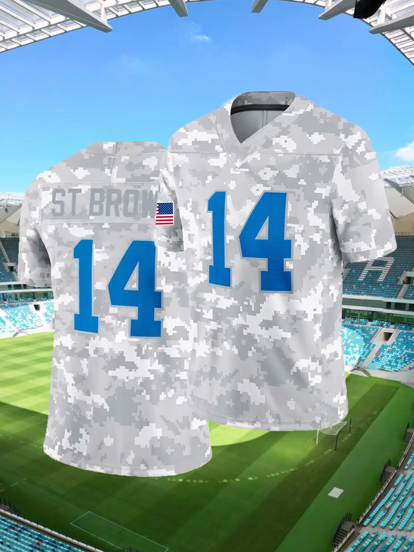 Men's Embroidered Football Jersey,#14 Stitched Detroit Jersey,V-Neck Loose Fit Short Sleeve Top, Sports Tops, Casual All Season Wear, Breathable & Comfortable, Ideal for Training and Competition, Athletic Training Apparel, Casual Sports Jersey