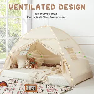 Sumbababy Large Kids Play Tent with Tassel,Star Light Bed Tent Canopy with Lights & Flags, Indoor Floor Bed for Girls and Boys, Foldable Twin Bunk Bed, Portable Cute Cozy Playhouse