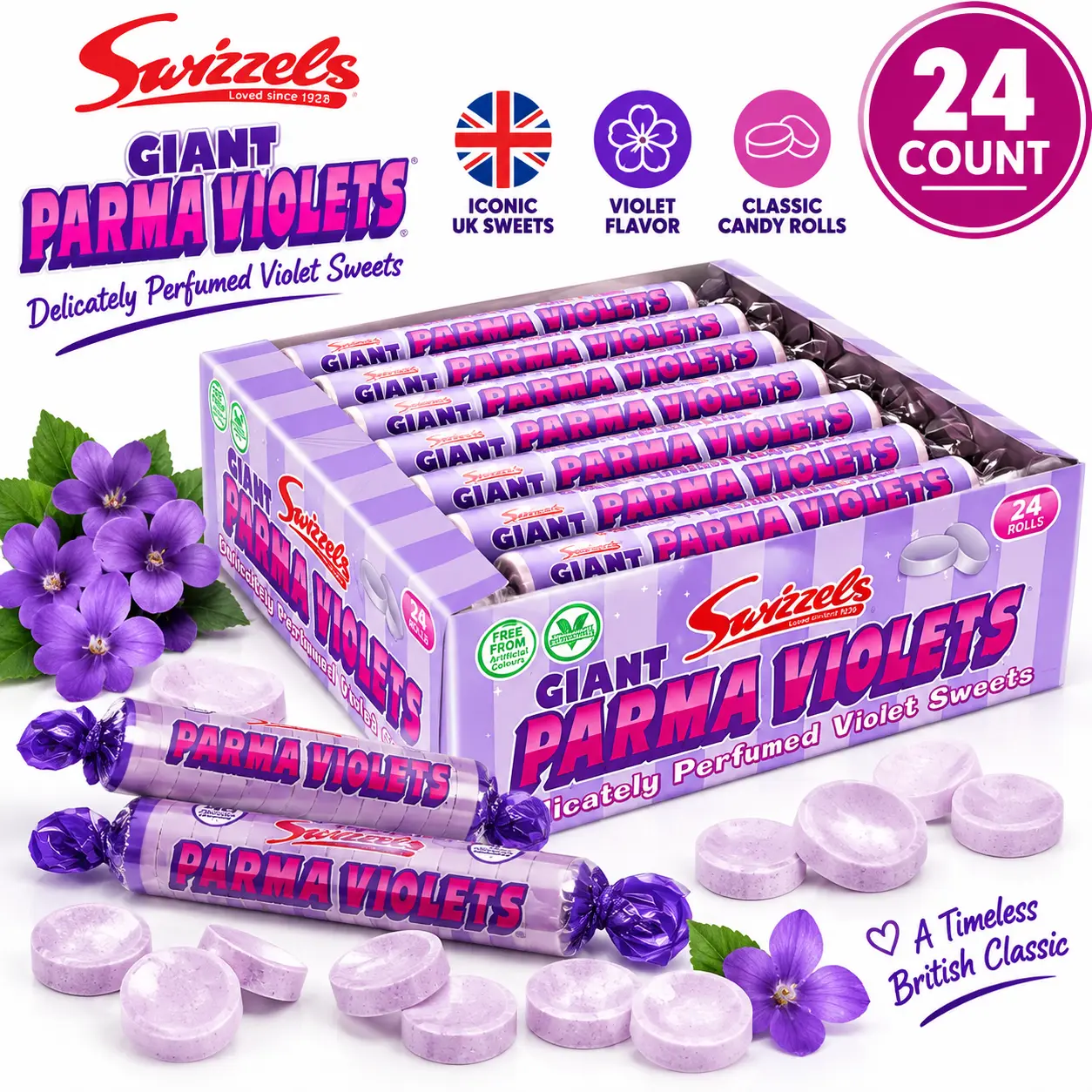 Swizzels UK Import Giant Parma Violets Candy Rolls 40g 24 Count British Violet Flavored Candy