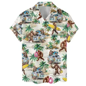 Funny Surfing Bigfoot Hawaiian Shirt - Summer Beach Button Down Bigfoot Surfing Shirt Sasquatch Shirt Bigfoot Tropical Shirt, Men's Casual Shirt