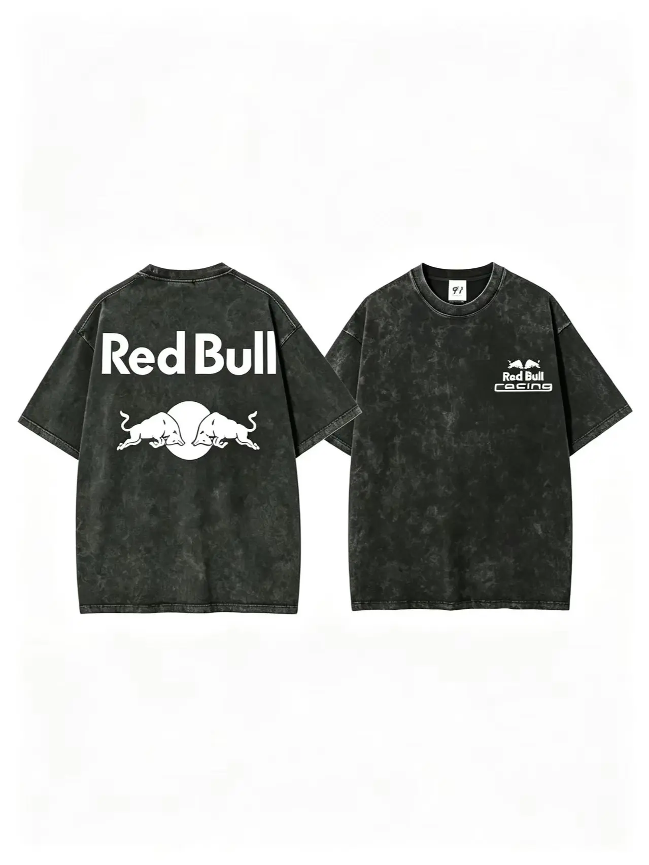 Men's Red Bull Racing Thick Cotton T-Shirt - Double-Sided Vintage Acid Wash Oversized Streetwear Graphic Tee for Men