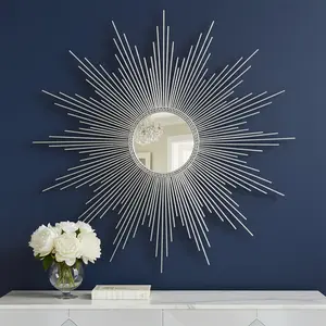 360 Stand 32 in. Round Silver Metal Sunburst Geometric Framed Flat Glass Accent Mirror - Wall-Mount Traditional Home Decor with Easy Installation for Room Use, Reflection, Decoration Mirror
