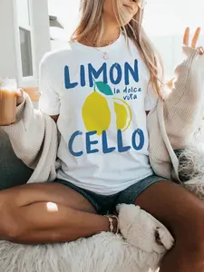 Women's Lemon Print Round Neck Tee, Vintage Trendy Casual Short Sleeve T-shirt for Daily Wear, Ladies Summer, Top, Aesthetic Fruit Tee