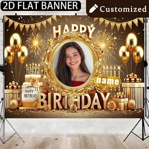 2D flat banner, 1 piece shiny luxury Golden theme personalized birthday custom poster - vinyl inkjet printing, customizable names and photos, elegant Golden balloons and pyrotechnic design, multiple sizes for indoor