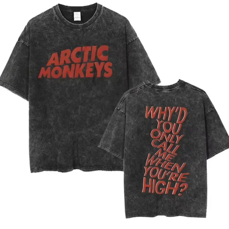 Men's Arctic Monkeys Graphic Short Sleeve T-Shirt, Oversized Vintage Washed Breathable Cotton Top with Double-Sided Print, Classic Indie Rock Streetwear, Garment, Shortsleeve, Retro, Menswear, Fabric, Soft, Unisex, Tee, Tshirt, Festival, Round Neck, Casua