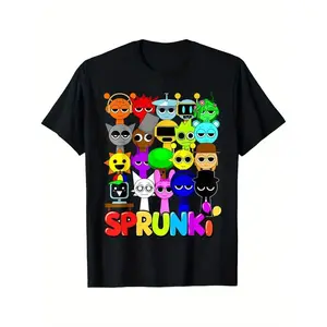 Sprunki Youngsters' Colorful Cartoon Character Cotton T-Shirt - Breathable & Moisture-Wicking, Crew Neck Short Sleeve | Casual Streetwear Fashion for Boys & Girls, Fun Graphic Design, Comfortable Top, Youngsters Streetwear | Vibrant Youngsters Apparel