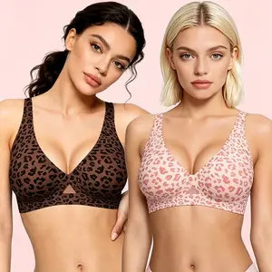 Obind Women's Leopard Print Jelly Bra — Wire-free breathable mesh triangle cup design  softcomfortable  and lifting  seamless T-shirt bra  deep V-neck everyday lingerie
