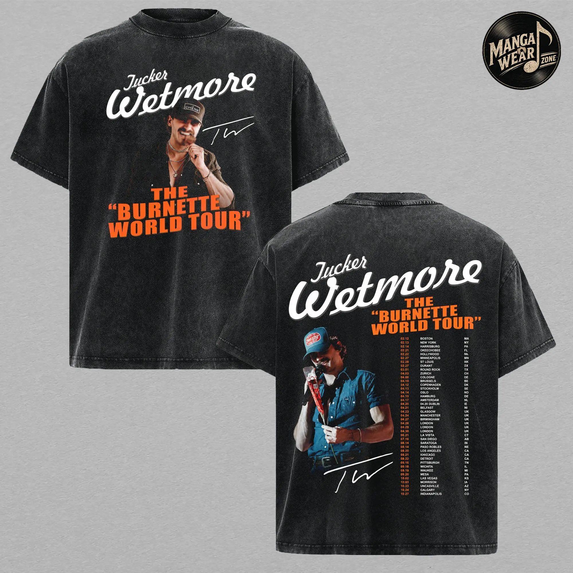 Tucker Wetmore Burnette World Tour 2026 Vintage Washed T Shirt, Country Music Concert Tour Dates Tee, Double Sided Graphic Shirt, Nashville Western Cowboy Fan Gift, Oversized Heavyweight Unisex Country Tour Merch Tee