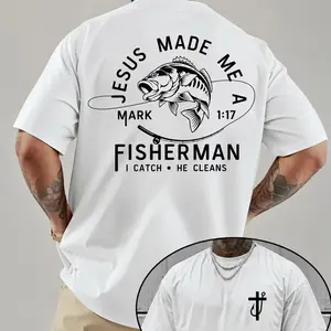 Men's Jesus Made Me A Fisherman, Letter Print Short Sleeve Graphic Tee, Casual Graphic Design, Regular Fit Casual Street Round Neck T-shirt for Summer, Men's Top for Daily Wear, Casual T Shirts