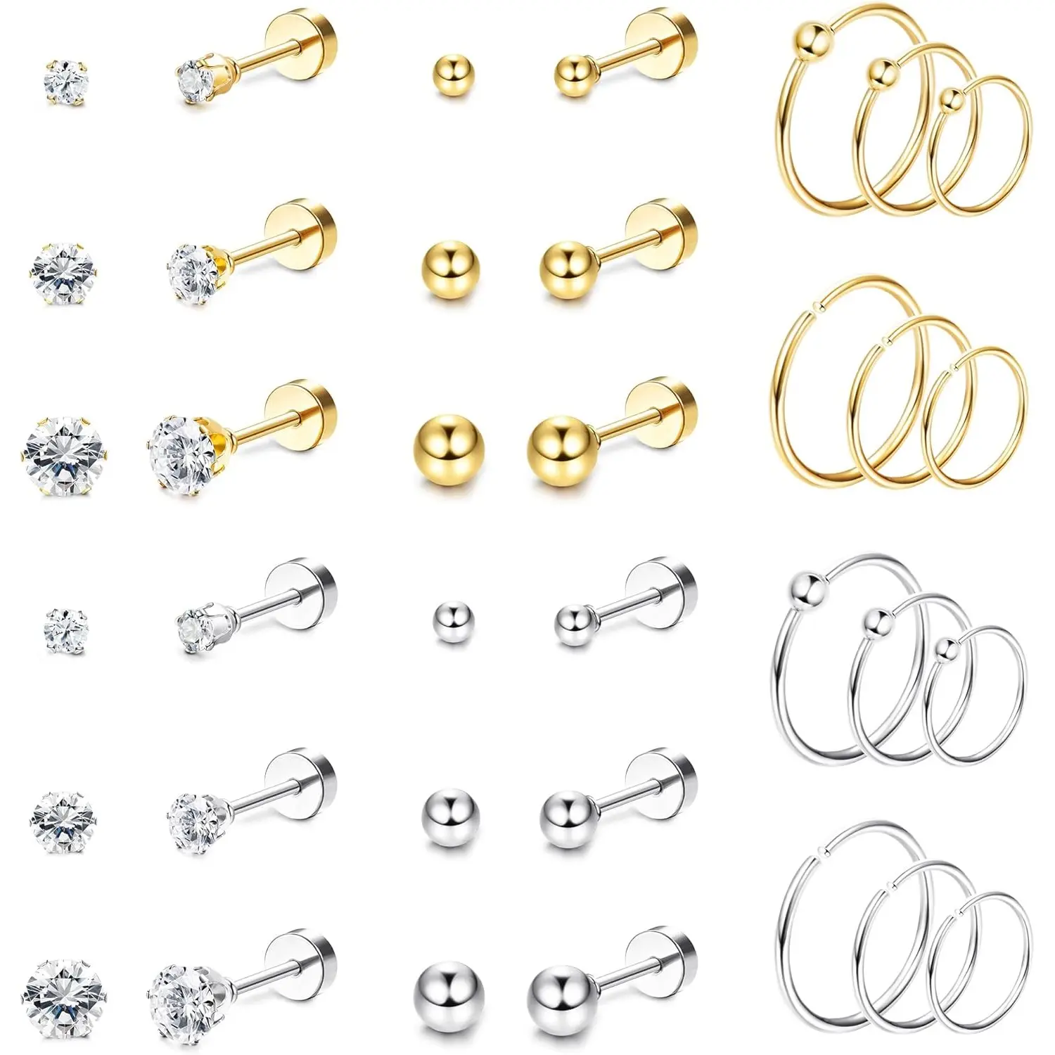 Milacolato Women's Hypoallergenic Surgical Steel Tiny Stud Earrings - Flat Back, Cubic Zirconia, Ball Shape, Anti-Rust, Conch Helix Cartilage Piercing Jewelry for Female Daily Wear, Flat Back Earrings, No Warning Applicable