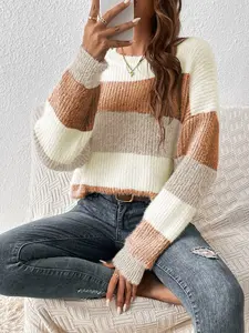 Women's Striped Sweater with Shoulder Design, Long Sleeve Loose Knitwear Knitted Top for Fall & Winter, Casual Everyday Fashion Women's Clothing Womenswear Knitwear Sweater Pullover