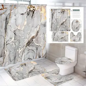 1/4pcsLuxury Gray White Gold Marble Swirl 4-Piece Bathroom Set - Shower Curtain Sets, Bath Mat, Toilet Cover & Contour Mat - Modern Elegant Home Decor for Master Bath - Perfect for Valentine's Day, Mother's Day, Housewarming Gift