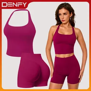 DENFY Two-Piece Suit Impact Halter Top & Impact Shorts Fitness Yoga Sports Women Activewear Gym Outdoor Tank Tops Hidden Scrunch Butt Lifting Gymwear Shorts Womenswear