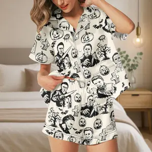 Michael Myers Short Satin Pajamas, Halloween Horror Pajamas, Spooky White Slasher Outfit, Scary Movie Sleepwear, Creepy Killer Fan Gift