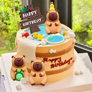 cake shed cake topper gender reveal Capybara Cake Toppers for Birthday Party Decorations - 3 Cute Figures Summer Pool Theme Safe Materials Fun Whimsical Non-Edible Adorable Capybara Figures with "Happy Birthday" Sign