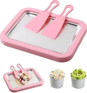 Pink Rolled Ice Cream Maker, Instant Ice Cream Maker, Manual Roll Ice Cream Tray & Gelato Pan, Homemade DIY for Fun Parent-Child Family Activities with 2 Scrapers, No Electricity Required Frozen Yogurt, Sorbet