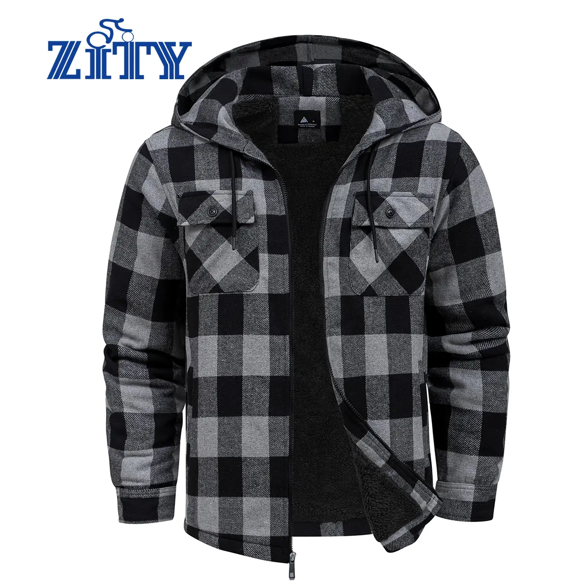 ZITY Men's Casual Checked Flannel Hooded Jacket, Warm Fleece-Lined Long Sleeve Zip-Up for Fall and Winter, Hoodie, Longsleeves