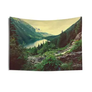 Mountain Lake Tapestry, Scenic Green Wilderness Nature Pine Forest Landscape Indoor Wall Art Hanging Small Large Dorm Cabin Decor.Lake Landscape Wall Tapestry Nature Scenic Art Decor For Bedroom Living Room Home Decoration