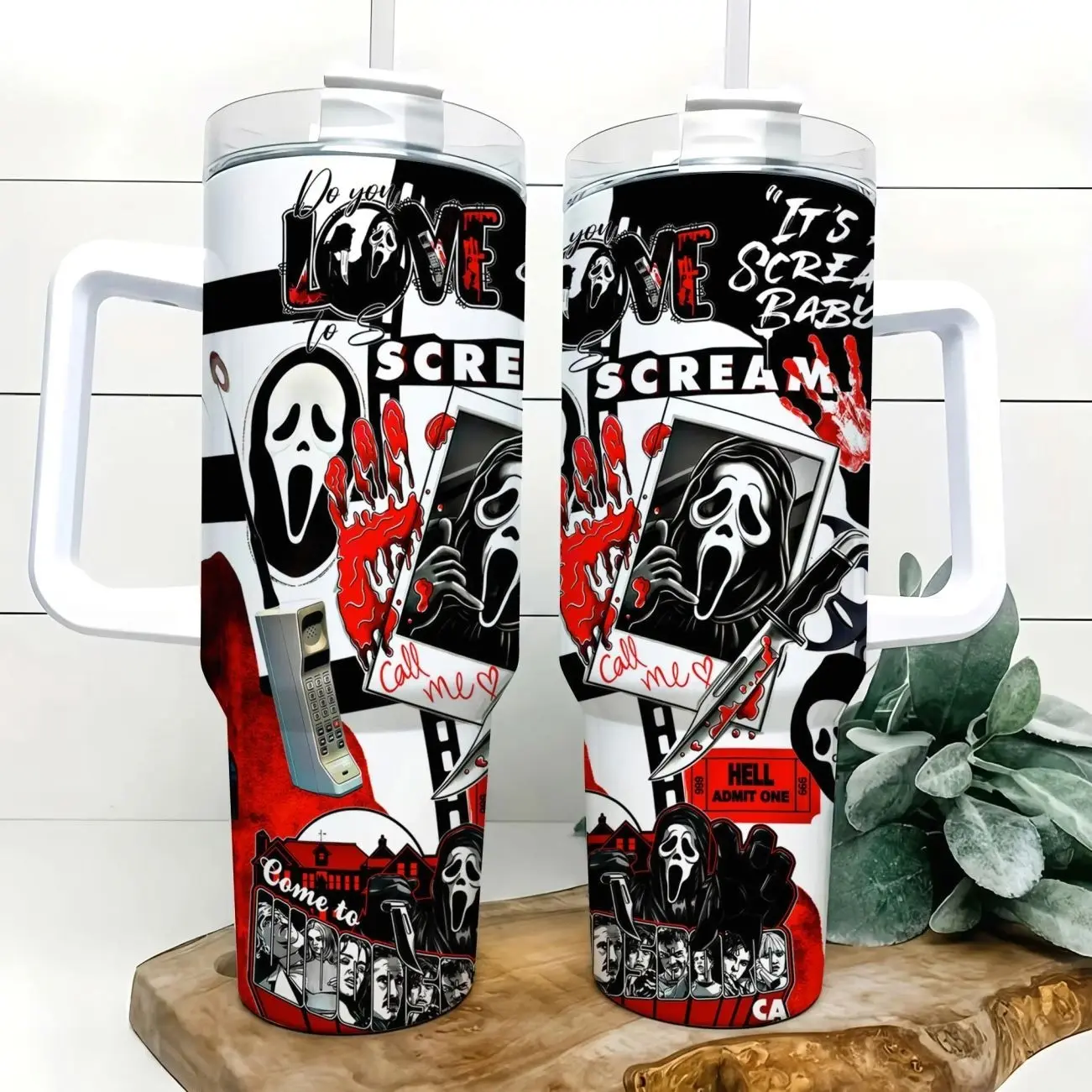 Scary Movie Ghost Face Inspired 40oz Insulated Tumbler with Handle and Straw Black White Red Slasher Horror Collage Stainless Steel Water Bottle Travel Mug for Gym Car Commute Office Halloween Birthday Gift