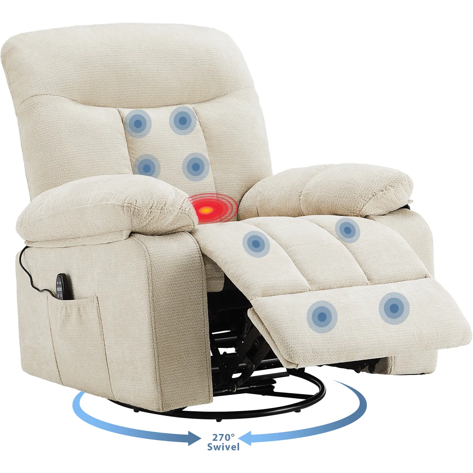 【Summer Sale】Rocker Recliner Chair, Swivel Recliner with Vibration Massage & Lumbar Heating, 270° Rotating Chenille Fabric Recliner with footrest for Living Room & Bedroom