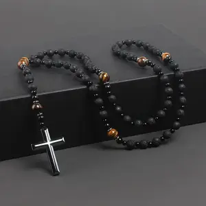 Tiger Eye Cross Necklace for Men, Obsidian Necklace, Hematite Cross Pendant Lava Rock Rosary Healing Crystal Necklaces