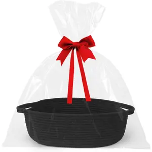 Small Baskets for Gifts Empty, 13"x 9"x 5" Woven  Basket with Bag and Ribbon, Cotton Rope     Bin Box, Cute   Organizer, Decorative Storage with Handles (Black)